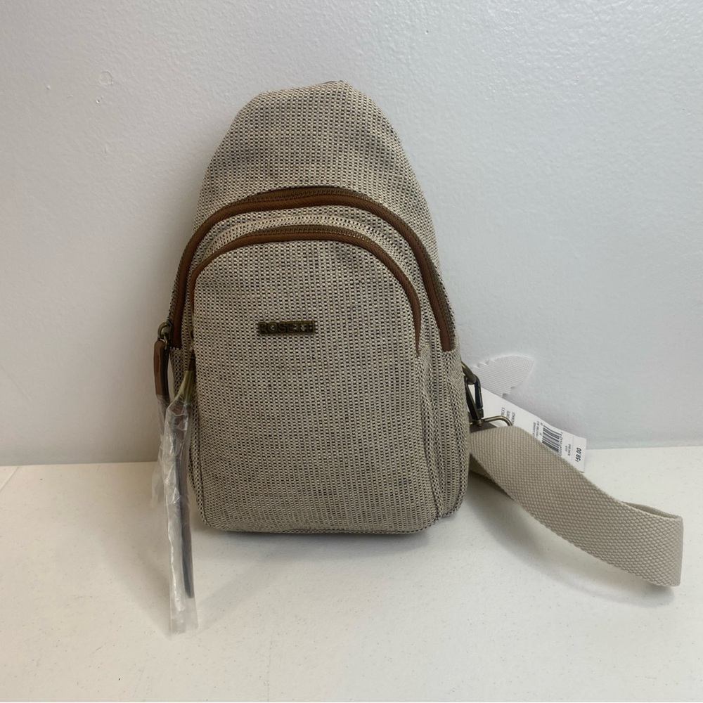NEW Rosetti Julia Sling Bag Woven Backpack Brown Trim Crossbody